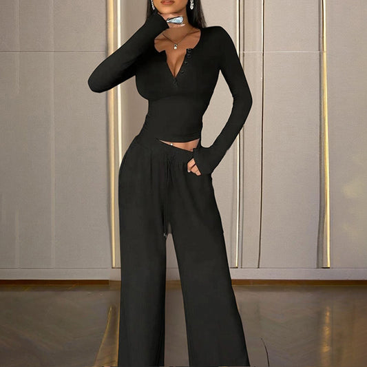 PJ Set - Sexy Fitted Long Sleeve V-neck Top with High-Waist Flared Pants