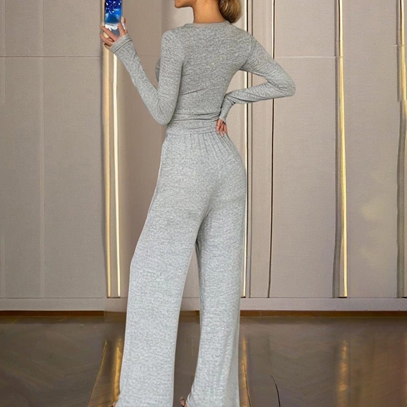 PJ Set - Sexy Fitted Long Sleeve V-neck Top with High-Waist Flared Pants