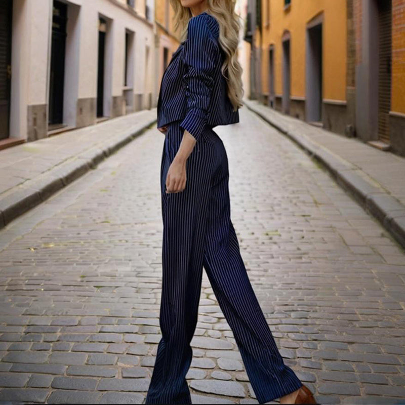 Women's Long Sleeve Blazer Suit Set - Button-Up with Pleated Pants