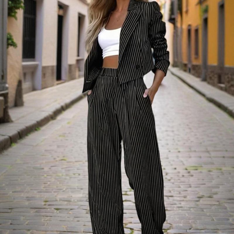 Women's Long Sleeve Blazer Suit Set - Button-Up with Pleated Pants