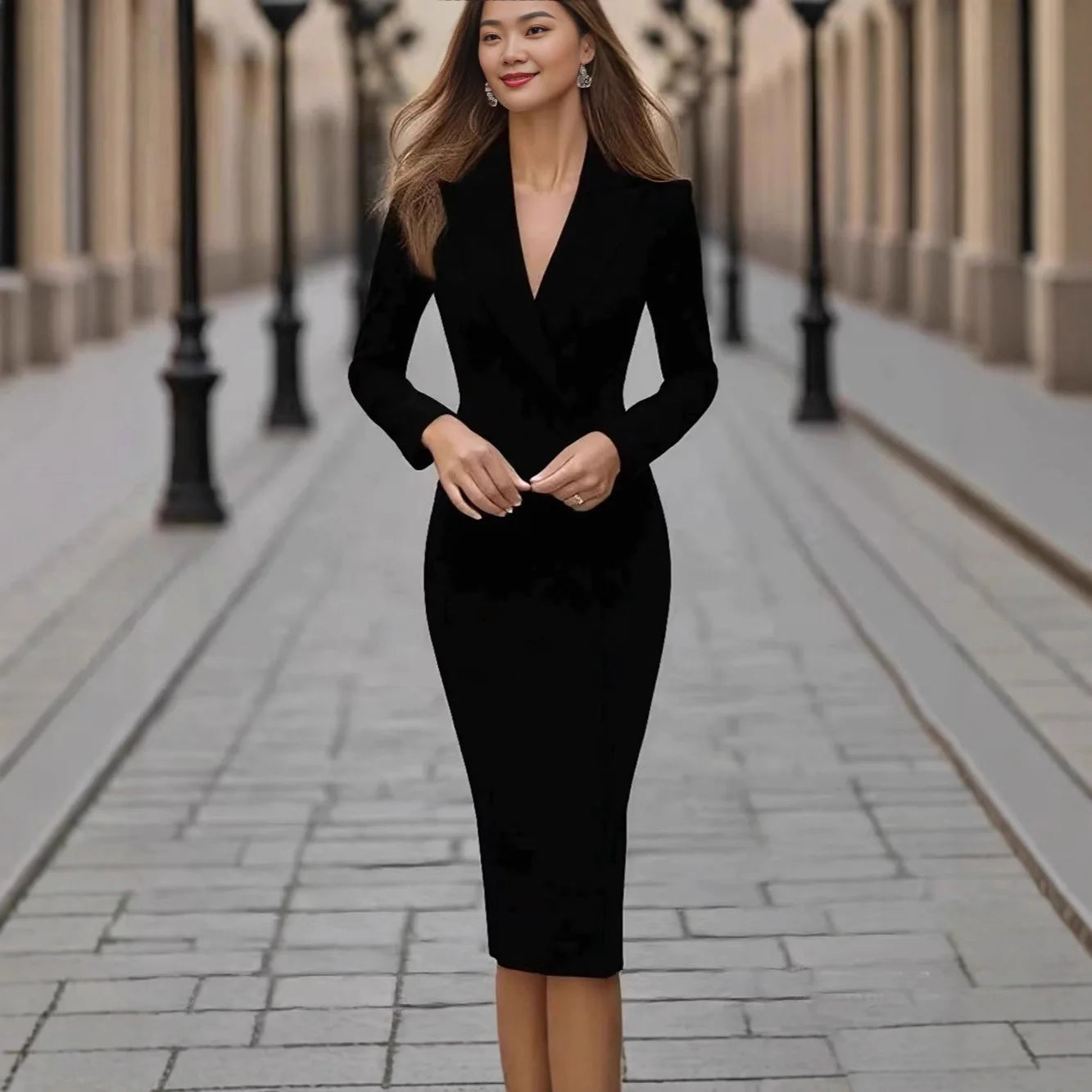 Women Single-Breasted Long-Sleeved Dress