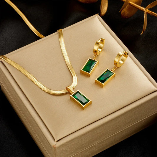 Green Crystal Zircon Pendant Necklace Earrings Set
