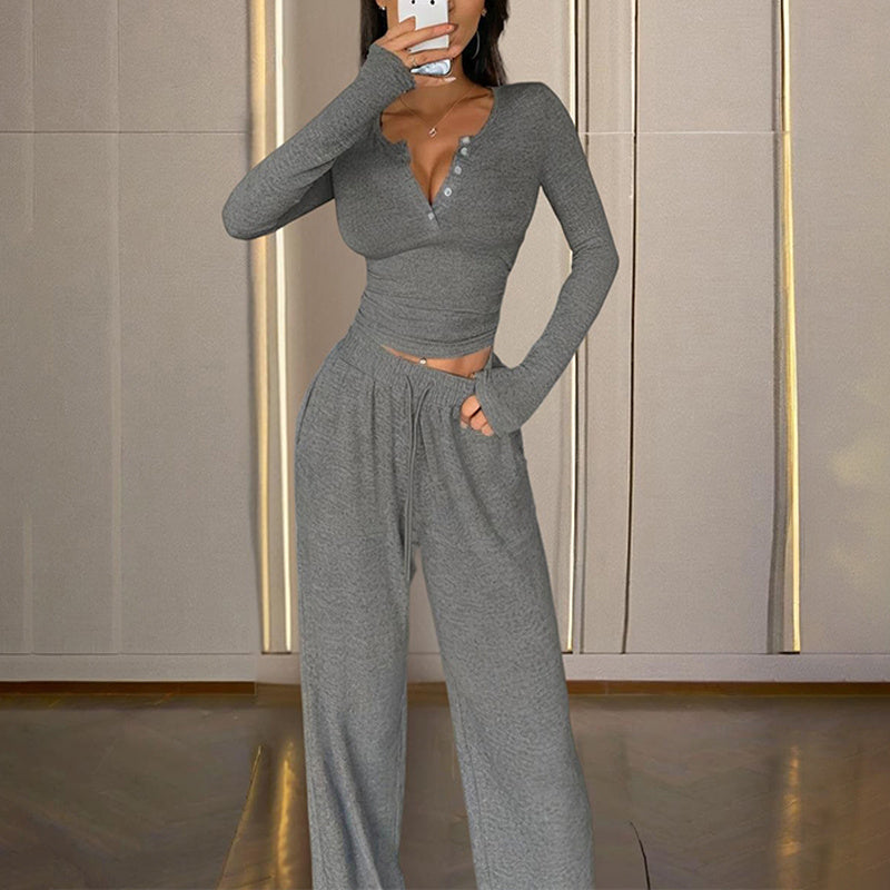 PJ Set - Sexy Fitted Long Sleeve V-neck Top with High-Waist Flared Pants